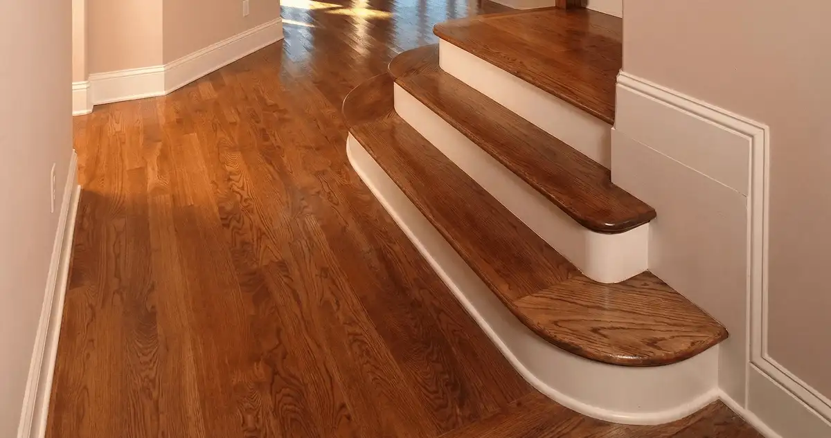 Base floor of a staircase with professionally restored wood flooring in Charleston SC