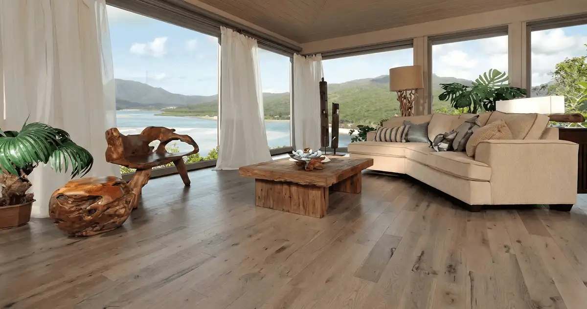 Professionally installed vinyl flooring in a modern living room with large windows in Charleston, SC